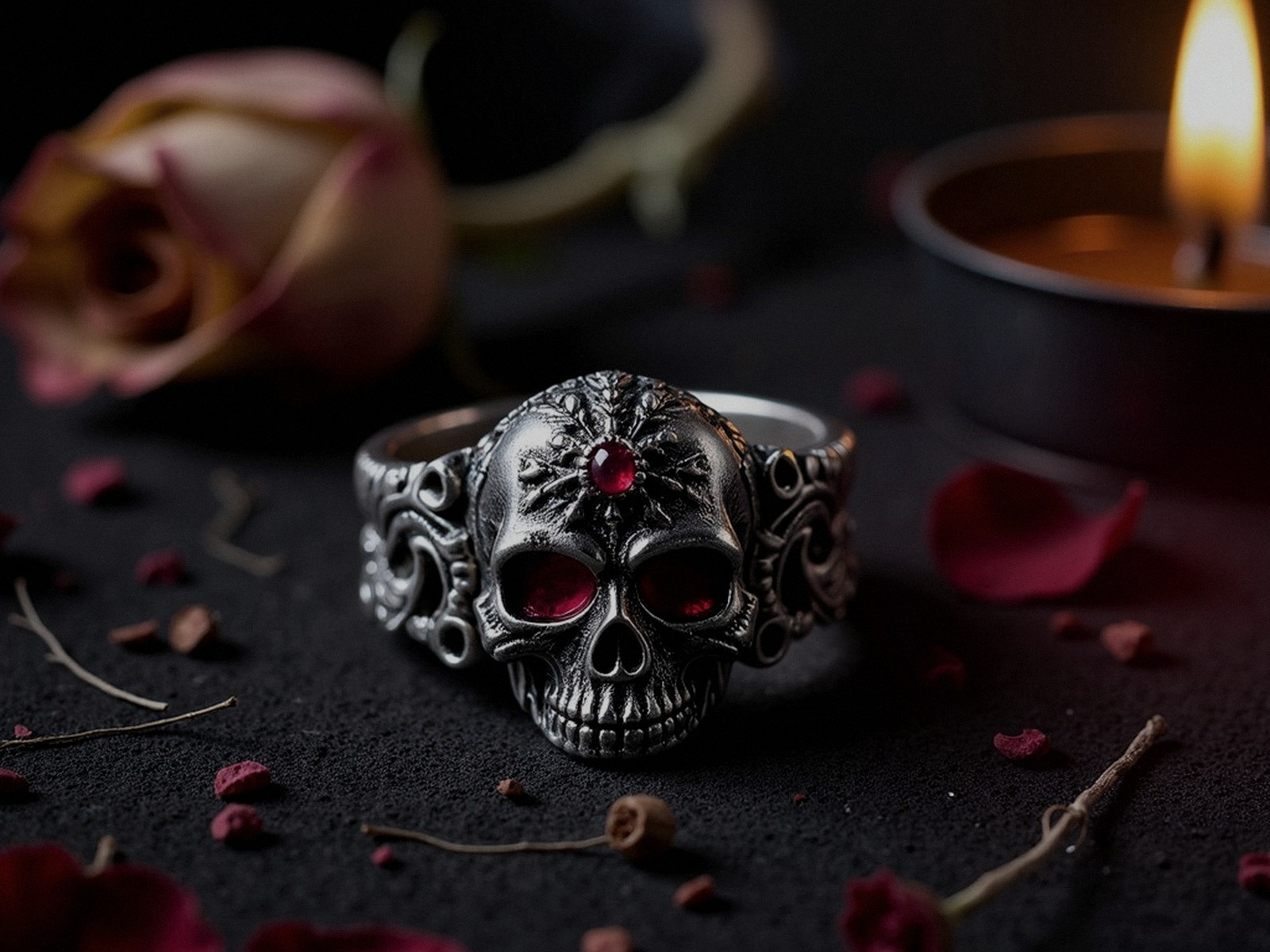 Macro photograph of the Memento skull ring on black velvet with candlelight and rose petals